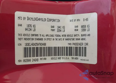 2005 Dodge Stratus Sxt z USA, uszkodzony, nr VIN 1B3EL46X25N703488